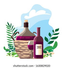 bottle of wine in wicker basket on background landscape vector illustration design