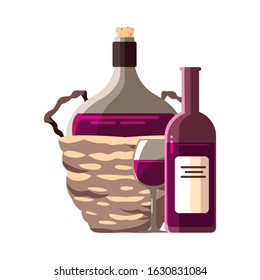 bottle of wine in wicker basket on white background vector illustration design