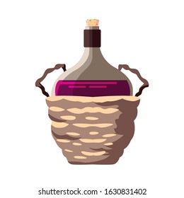 bottle of wine in wicker basket on white background vector illustration design
