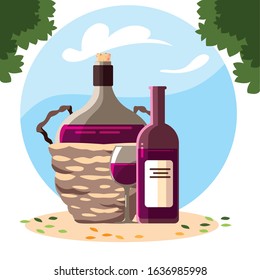bottle of wine in wicker basket on background landscape vector illustration design