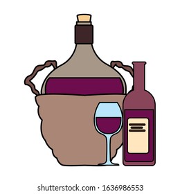 bottle of wine in wicker basket on white background vector illustration design