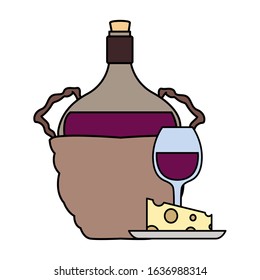 bottle of wine in wicker basket on white background. vector illustration design.