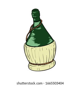 bottle of wine in wicker basket on white background. vector illustration design.