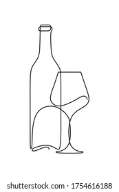 Bottle of wine and wineglass in continuous line art drawing style. Minimalist black linear sketch isolated on white background. Vector illustration