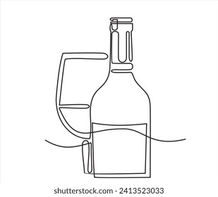Bottle of wine and wineglass in continuous line art drawing style. Minimalist black linear sketch isolated on white background. Vector illustration