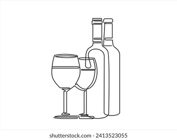 Bottle of wine and wineglass in continuous line art drawing style. Minimalist black linear sketch isolated on white background. Vector illustration