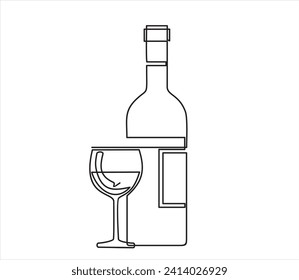 Bottle of wine and wineglass in continuous line art drawing style. Minimalist black linear sketch isolated on white background. Vector illustration