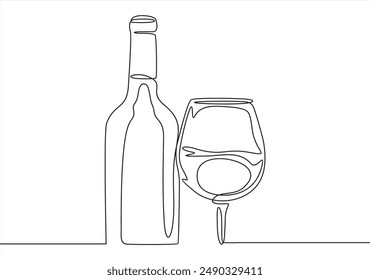 Bottle of wine with wineglass  in continuous line art drawing style. Minimalist black linear sketch isolated on white background. Vector illustration