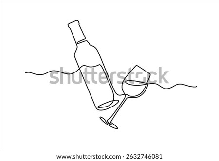 Bottle of wine with wineglass in continuous line art drawing style. Wine list. Minimalist black linear sketch isolated on white background. Editable stroke. Doodle vector illustration	