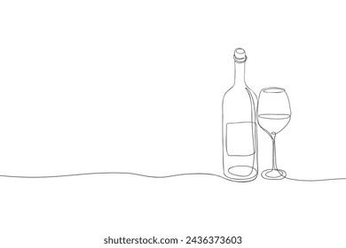 Bottle of wine with wineglass continuous one line drawing. Alcohol beverage sketch for restaurant menu, bar wine list. Vector contour illustration