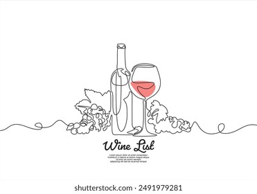 Bottle of wine with wineglass continuous one line drawing. Alcohol beverage sketch for restaurant menu, bar wine list. Vector contour illustration