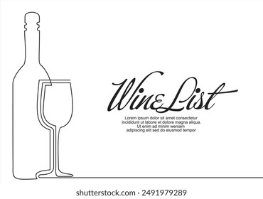 Bottle of wine with wineglass continuous one line drawing. Alcohol beverage sketch for restaurant menu, bar wine list. Vector contour illustration