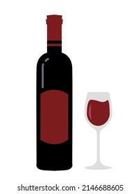 Bottle of wine with wineglass in flat style. Minimalist sketch isolated on white background. Good for banner, poster, advertising, pab, menu. Vector illustration