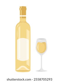 Bottle of wine with wineglass in flat style. Bottle of white wine, champagne, alcoholic drink. Glass of white wine. Good for banner, poster, advertising, pab, menu. Vector illustration in flat style