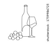 Bottle of wine with wineglass and grape bunch in continuous line art drawing style. Minimalist black linear sketch isolated on white background. Vector illustration
