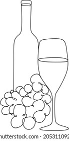 Bottle of wine with wineglass and grape bunch in continuous line art drawing style. Minimalist black linear sketch isolated on white background. Vector illustration