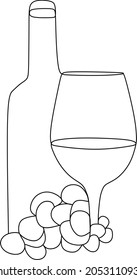 Bottle of wine with wineglass and grape bunch in continuous line art drawing style. Minimalist black linear sketch isolated on white background. Vector illustration