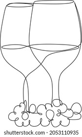 Bottle of wine with wineglass and grape bunch in continuous line art drawing style. Minimalist black linear sketch isolated on white background. Vector illustration