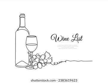 Bottle of wine with wineglass and grape bunch in continuous line art drawing style. Wine list. Minimalist black linear sketch isolated on white background. Vector illustration