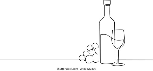 Bottle of wine with wineglass and grape bunch in continuous line art drawing style. Minimalist black linear sketch isolated on white background