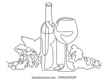 Bottle of wine with wineglass and grape bunch in continuous line art drawing style. Minimalist black linear sketch isolated on white background. Vector illustration