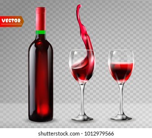 Bottle of wine and wineglass. Red splash. 3d realism, vector icon with transparency.