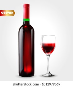 Bottle of wine and wineglass. Red splash. 3d realism, vector icon with transparency.
