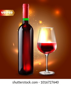 Bottle of wine and wineglass. Red splash. 3d realism, vector icon.