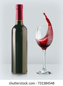 Bottle Of Wine And Wineglass. Red Splash. 3d Realism, Vector Icon With Transparency