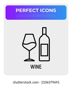 Bottle of wine and wineglass thin line icon. Wine tasting. Modern vector illustration.