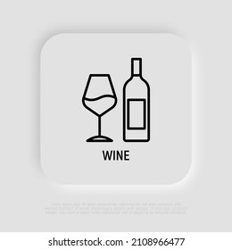 Bottle of wine and wineglass thin line icon. Wine tasting. Modern vector illustration.