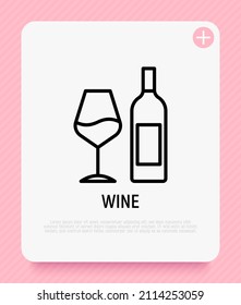 Bottle of wine and wineglass thin line icon. Wine tasting. Modern vector illustration.