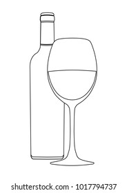 Bottle of wine and wineglass, vector outline drawing, contour picture, coloring, sketch, icon, logo, sign, emblem, black and white illustration. Isolated on white background