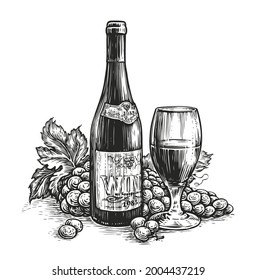 Bottle of wine wwith a glass and grapes. Winery, alcoholic drink in engraving style. Sketch vector illustration