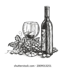 Bottle of wine wwith a glass and grapes. Winery, alcoholic drink in engraving style. Sketch vector illustration