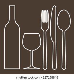 Bottle, wineglass, fork, knife and spoon