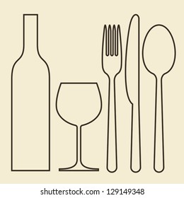 Bottle, wineglass, fork, knife and spoon