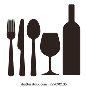 Bottle, wineglass, knife, fork and spoon isolated on white background