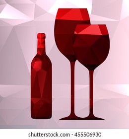 bottle and wineglass vector on a light background , polygonal design,  low poly style