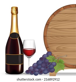 Bottle wine,Grape,Glass wine and wooden barrel isolated on white background,Vector illustration