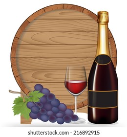 Bottle wine,Grape,Glass wine and wooden barrel isolated on white background,Vector illustration