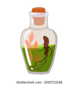 A bottle with a witch's potion. Catering. An element for celebrating Halloween. Vector illustration isolated on white background.