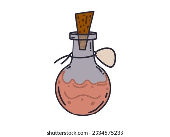 A bottle with a witch's potion. Clip Art. Bottle with magic elixir or poison. Occult vector symbol. Alchemical design element. 