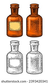 Frasco con y sin etiqueta de artesanía. Ilustración vectorial de grabado de color vintage. Aislado sobre fondo blanco. Elemento de diseño dibujado a mano para etiqueta, afiche, web