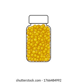 Botella con dragas amarillas, vitaminas. Ilustración vectorial, eps 10.
