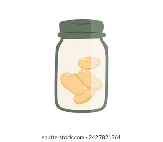 Botella con pastillas amarillas Vector Ilustración plana. Perfecto para diferentes tarjetas, textiles, sitios web, aplicaciones 