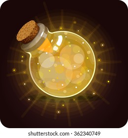 Bottle yellow shine. Game icon of magic elixir. Vector design for app user interface. Stamina, energy, velocity, speed, wisdom, agility, knowledge, intellect, sunlight, intelligence