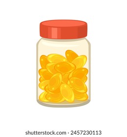 Bottle with yellow soft gel capsules. Vector cartoon flat illustration of fish oil supplement. Pills icon.