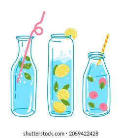Bottled beverages and drinks, lemonade or soda water, sparkling or still, carbonated or sweetened. Slices of lemon and mint, strawberries and citrus. Nutrition and dieting. Vector in flat style