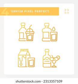 Bottled beverages pixel perfect gradient linear vector icons set. Alcohol and soft drinks. Liquid refreshments. Thin line contour symbol designs bundle. Isolated outline illustrations collection